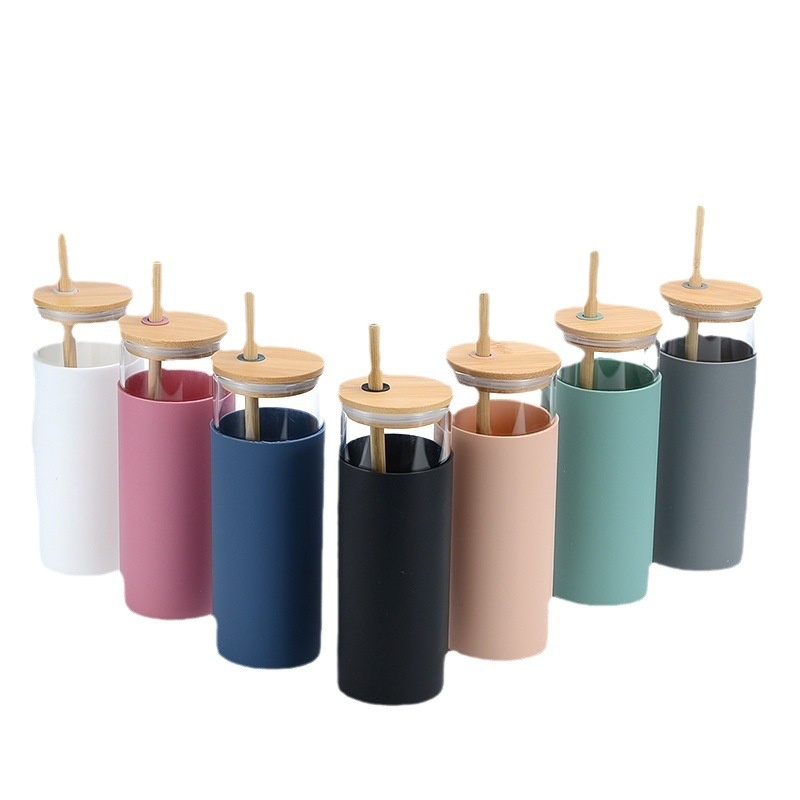 Silicone Sleeve Glass Tumbler With Bamboo Lid And Bamboo Straw
