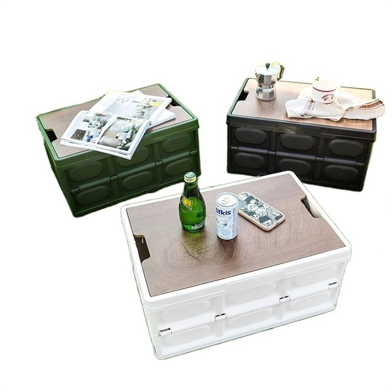 Foldable Storage Bin With Wood Lids