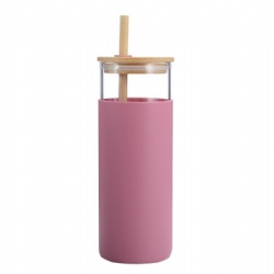 Silicone Sleeve Glass Tumbler With Bamboo Lid And Bamboo Straw