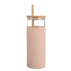 Silicone Sleeve Glass Tumbler With Bamboo Lid And Bamboo Straw