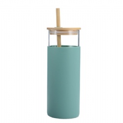 Silicone Sleeve Glass Tumbler With Bamboo Lid And Bamboo Straw